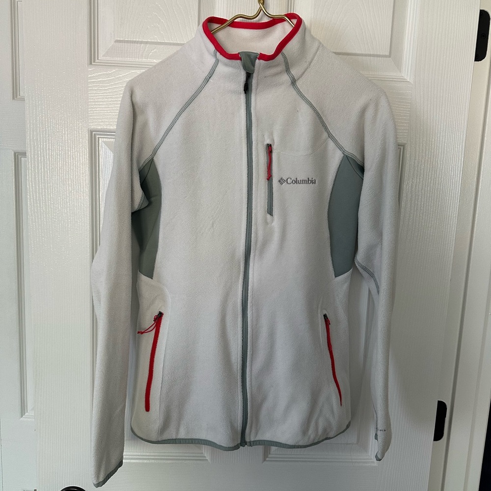 Columbia MEDIUM Full Zip White Fleece Jacket with Red Accents
